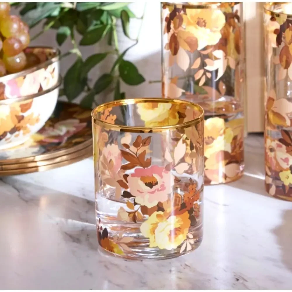 MacKenzie-Childs Wild Rose Tumbler Glass Set of 4 Floral Barware in Original Box